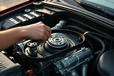 Mechanic inspecting car engine timing belt