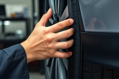 Mechanic inspecting a car tire for wear and tear.