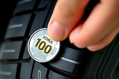 Hand holding 100 Won coin checking tire tread wear