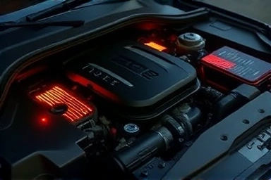 Car engine bay with sound wave visualization indicating potential noise issues.