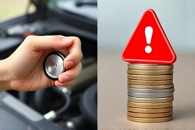 Symbolic image of listening to car engine and warning of repair costs.