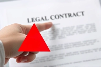 Hand pointing to contract clause, warning symbol for flood cars.