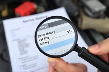 Investigating used car service history with a magnifying glass.