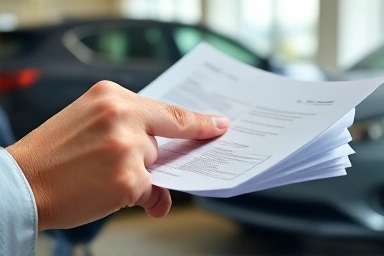 Hand examining car purchase documents for safety.