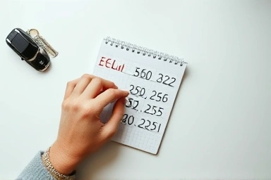 Hands calculating car registration tax with keys and coins.