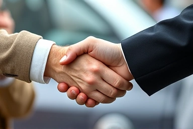 Handshake sealing agreement over car registration document.