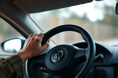 Driver's hands on steering wheel, comfortable car seat in background.