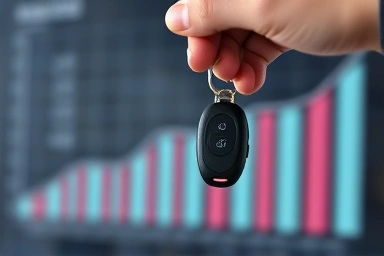 Hand holding car key fob with upward financial graph