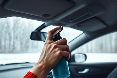 Applying anti-fog spray to car windshield for clear visibility