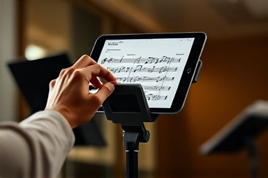 Musician adjusting adjustable tablet stand for sheet music
