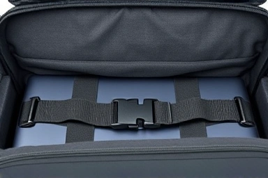 Interior of a protective laptop case with microfiber lining and straps.