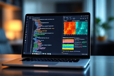 Laptop with code and data visualization, representing high-performance computing.