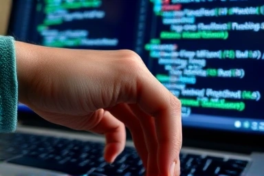 Hand typing on laptop keyboard with code reflection, symbolizing programmer's workflow.