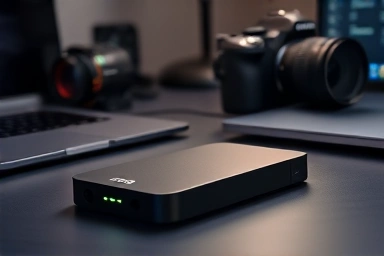 Modern 4TB external SSD with laptop and camera.