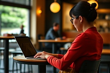 Laptop charging with portable power bank in a cafe.