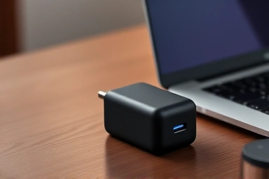 Compact 65W PD laptop charger on a desk