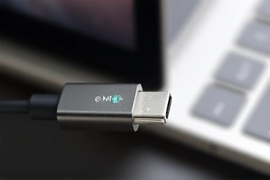 USB-C cable with E-Mark chip connecting to laptop