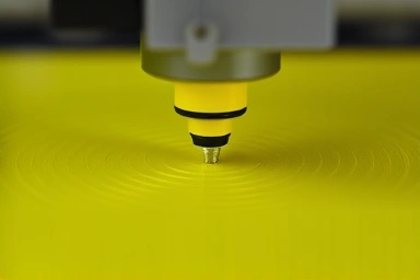 Close-up of 3D printer nozzle creating detailed layers.