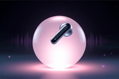 Futuristic wireless earbud with spatial audio visualization