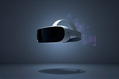 Futuristic Apple Vision Pro headset with holographic projections.