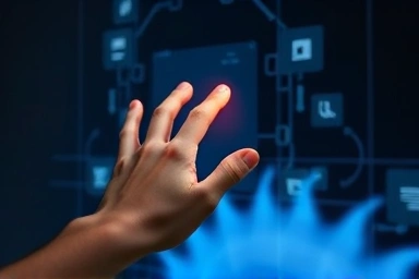 Hand interacting with a holographic interface from Apple Vision Pro.