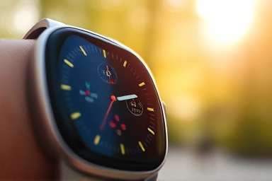 Modern smartwatch with a bright, clear display under ambient light.