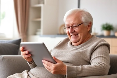 Elderly couple happily using a tablet for video call.