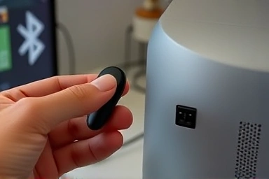 Wireless earbud connecting to an old PC via Bluetooth dongle.