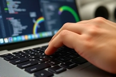 Hand typing on a mechanical keyboard connected to a laptop.