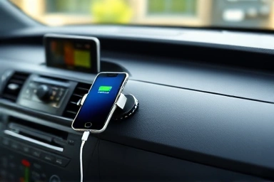 Car interior with organized charging cable and magnetic holder.