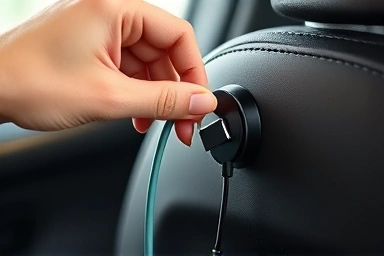 Hand using magnetic car cable organizer for phone charger.