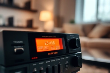 Vintage cassette player glowing warmly in a cozy living room.