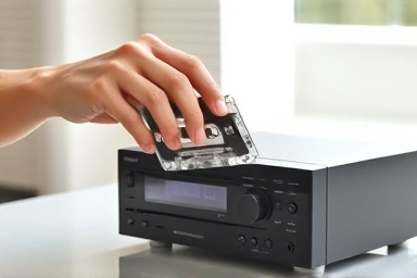 Hands inserting a cassette tape into a modern player.