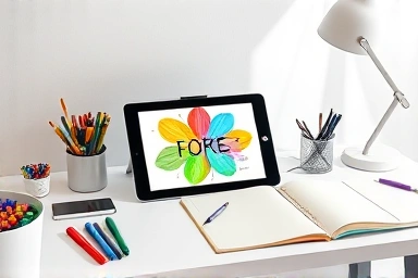 Digital art studio with drawing tablet and supplies.