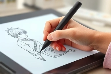Artist's hand drawing on a digital tablet, showcasing detail.