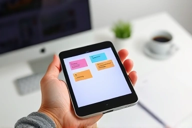 Hand holding electronic memo pad with appearing notes