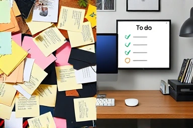 Messy paper desk vs. clean electronic memo pad desk