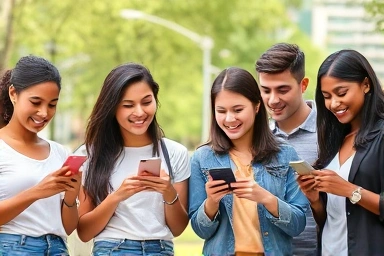 College students using smartphones happily outdoors