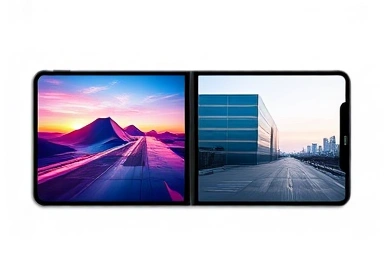 Futuristic foldable smartphones, comparison, technology, digital landscape, urban scene