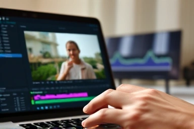Video editing on laptop with AI subtitle generation