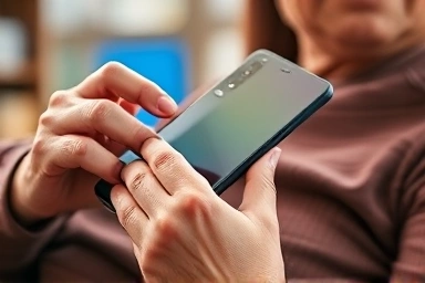 Senior using Samsung Galaxy A25 with easy-to-read interface