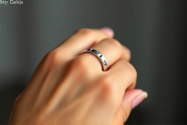 Sleek smart ring on a hand, glowing with health data