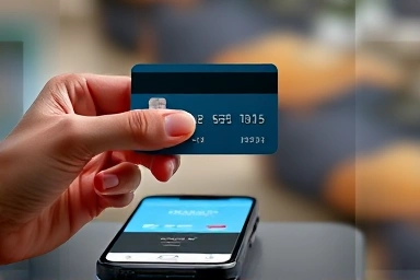 Hand holding credit card, achieving lower smartphone price.