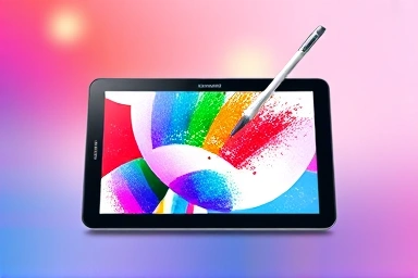 Galaxy Tab tablet with digital art software and stylus, creative digital workspace.