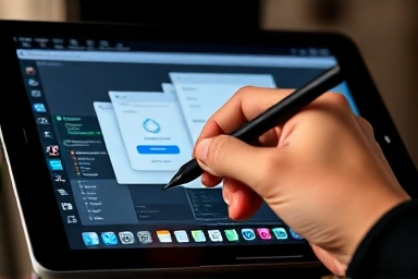 Close-up of a stylus interacting with a multi-window DeX interface on a tablet.