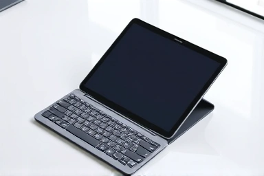 Galaxy Tab S9 with keyboard book cover on a desk.