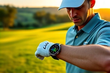 Golfer checking Galaxy Watch on course