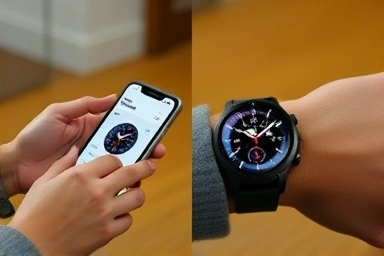 Person customizing Galaxy Watch face on phone and wrist.