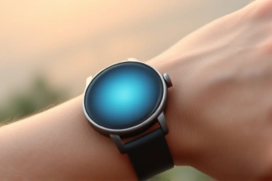 Smartwatch displaying abstract stress level on wrist.