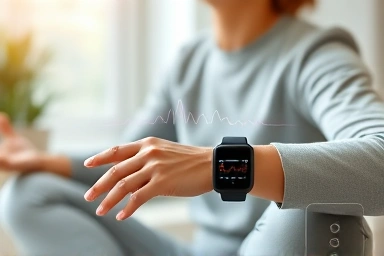 Person meditating with smartwatch showing positive stress indicator.